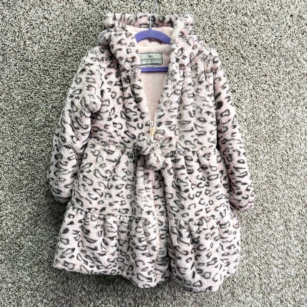 American Widgeon‎ Coat Girls 5 Light Pink & Gray Leopard Print Faux Fur Zip Up